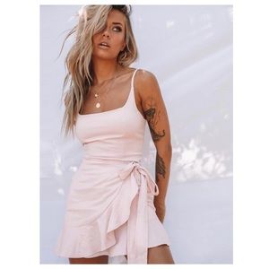 PRINCESS POLLY Cottage Hill Mini Wrap Dress in Blush, US Size 4 (AU Size 8)